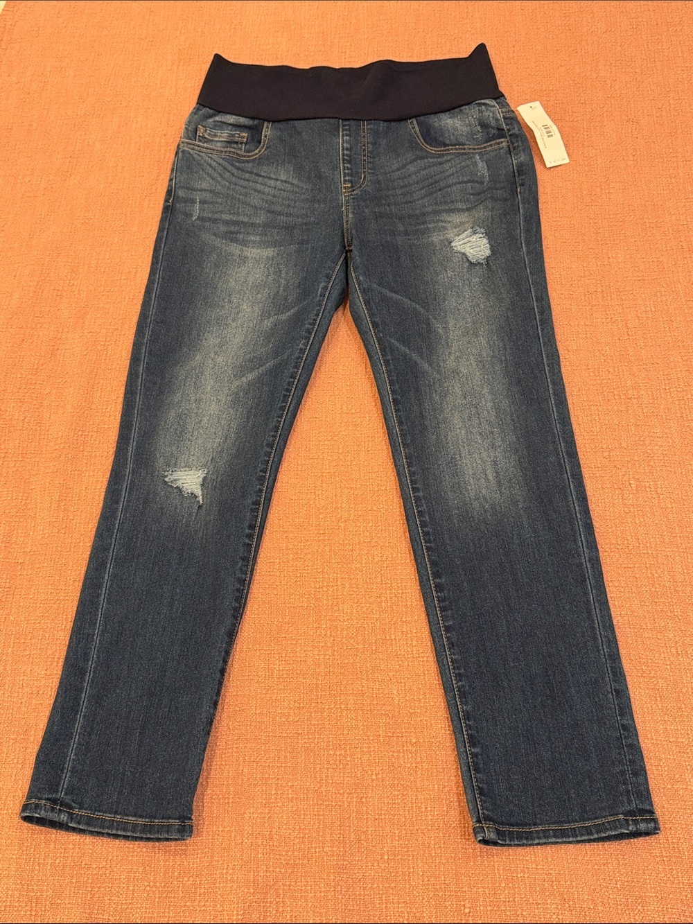 NWT M. Rena XL High-Rise Dark Blue Distressed Jeans with wide comfort Waistband